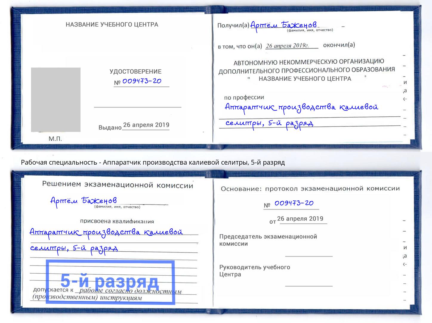 корочка 5-й разряд Аппаратчик производства калиевой селитры Избербаш