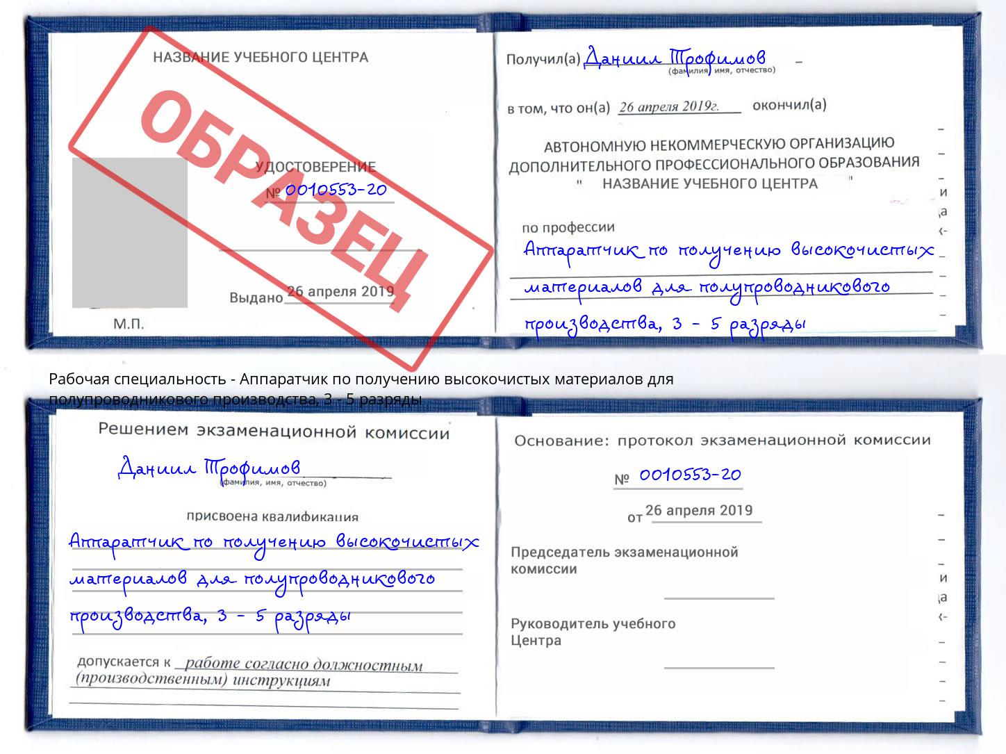 корочка 3 - 5 разряды Аппаратчик по получению высокочистых материалов для полупроводникового производства Избербаш